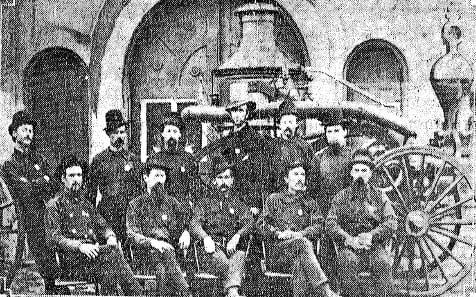 Early Springfield firefighters, probably in the 1870s. Top row, left to right: Charles Phillips, Philip Hoffman, August Miller, Fire Chief Richard Young, Chris Decker, John Freeman. Bottom, Robert Peel, Henry Miller, Oscar Phillips, Evan T. Jones, Thomas Dunn. Freeman later served twice as fire chief; he died while fighting a fire at the Chicago World’s Fair on July 10, 1893. Peel was the first man hired as a salaried, full-time Springfield firefighter in 1869. (Courtesy State Journal-Register)