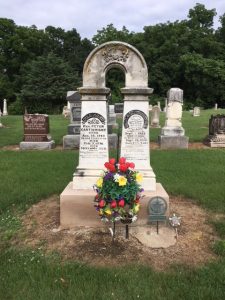 Peter Cartwright grave, Pleasant Plains Cemetery. Small bronze marker on right recognizes Cartwright's service in the War of 1812 (SCHS)