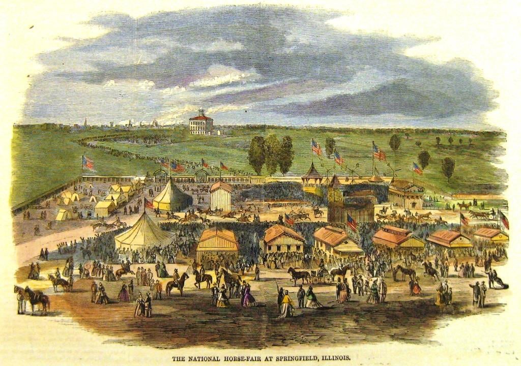The Great National Horse Show in progress, as shown in Harper's Weekly edition of Oct. 7, 1865. The building at center left is Illinois State University (not related to today's ISU); the built-up area of Springfield is on the left horizon. (angamon Valley Collection)